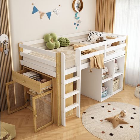 Bett Hochbett mit Aufbewahrung 90x200 Massivholz OKMYHOME (1/4)