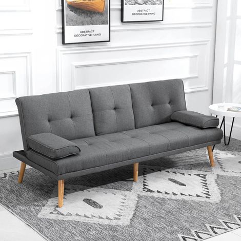 Sofá Cama de 3 Plazas, Respaldo Ajustable en 3 Posiciones con Mesa Plegable y Portavasos, Poliéster Gris Oscuro (1/5)