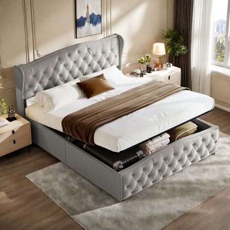 Lit coffre capitonné 160x200 cm–Lit double pour adulte de 160 x 200–Velours gris–Sommier à lattes–Rangement hydraulique–Motif en losanges avec rivets (1/5)