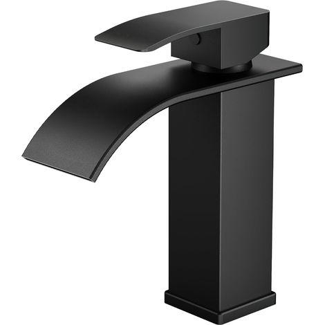 Schwarze Badarmatur, Wasserfall-Waschtischmischer mit einer Auslaufhöhe von 110 mm, wasser- und energiesparend. (1/4)
