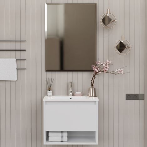 Set Mobile Bagno Sospeso 60 cm Lavabo e Specchio, 1 Cassetto 1 Vano Multiuso Salvaspazio, Ceramica e Legno, Design Moderno - Bianco (1/5)