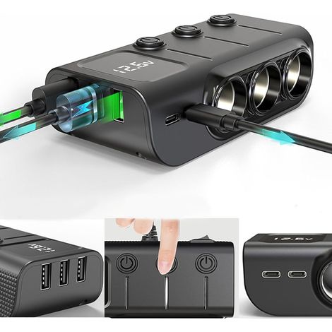 Lntyq Chargeur Allume-Cigare de Voiture Socle Splitter 120W Adaptateur Allume-Cigare avec 3 Ports USB Interrupteur séparé Indicateur de Tension PD Charge Rapide pour téléphone Tablettes Dash Cam (1/5)