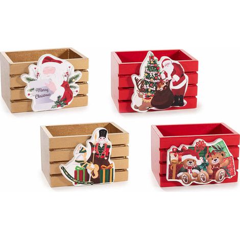 Cestini / cassetta di Natale in legno colorato a staccionata con decoro natalizio in rilievo, set da 16 pezzi, cm 8,5 x 6 x 6,5 H