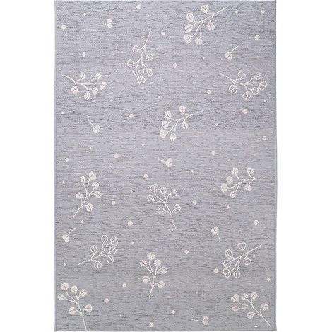 Tapis Enfant Intérieur et Extérieur Motif Plantes en Tissage Plat Bleu-Gris et Écru - PANGIVO (1/5)