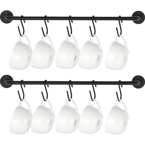 Lot de 2 porte tasses à café à fixation murale moderne en métal avec 10 crochets rustiques pour ustensiles de cuisine, salle à manger, café, noir (1/5)