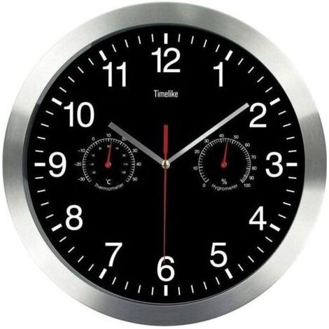 Runde Quarz-Wanduhr, geräuschlose Aluminium-Wanduhr für den Innenbereich mit Thermometer und Hygrometer für Wohnzimmer, Küche, Büro (Schwarz) (1/5)