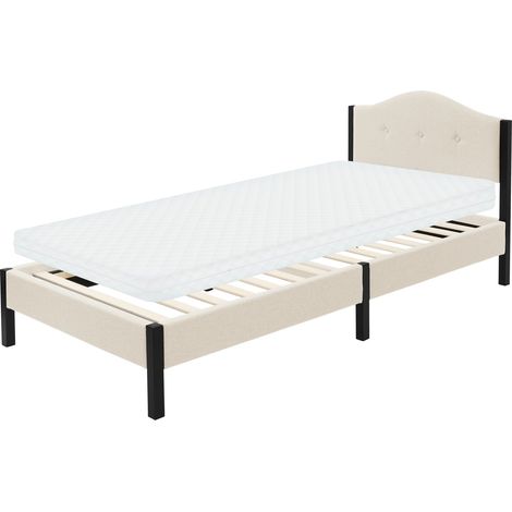 ML-Design Letto Singolo 90x200 cm, con Materasso alto 10 cm, Giroletto, Struttura Robusta, Testiera Imbottita e Rete a Doghe, Telaio in Acciaio e Tessuto di Lino, Beige, per Cameretta (1/5)