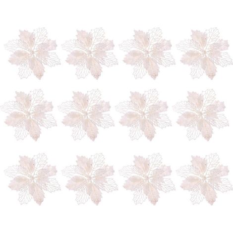 12 Poinsettias à paillettes, fleurs artificielles creuses, décorations de Noël à suspendre au sapin (blanc)-14.5X14.5cm-White