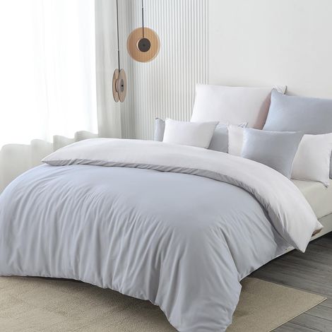 Parure de lit 3 pièces réversible en microfibre 135 x 200 cm - Gris/blanc - 135 x 200 cm - Doux et infroissable - 1 housse de couette + 1 taie d'oreiller 80 x 80 cm + 1 taie d'oreiller 40 x 80 (1/5)