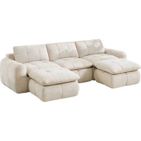 Divano modulare a U 3 posti in chenille beige senza montaggio con 2 pouf (1/5)