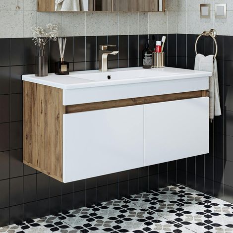 Meuble vasque 100 cm suspendu décor pin et blanc 2 portes AQUO (1/5)