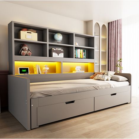 MODFU – Lit banquette extensible 90-180x200 cm MDF – LED, prises, 2 tiroirs et rangements – Charge 120 kg – Chambre – Gris (1/5)