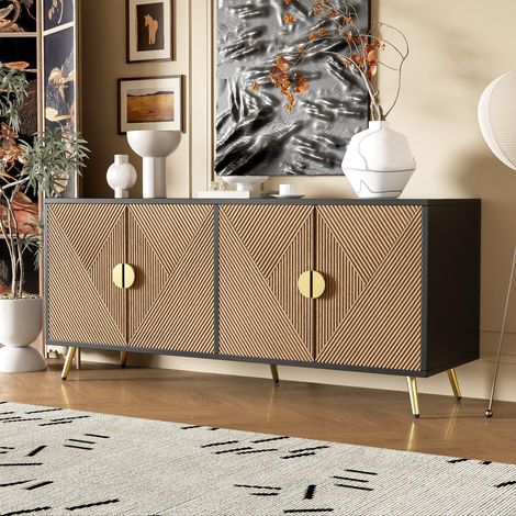 Credenza 160 cm, rettangolare, con 4 porte di stoccaggio, linee in rilievo effetto legno, maniglie e piedi in metallo dorato, mobile per soggiorno - Nero