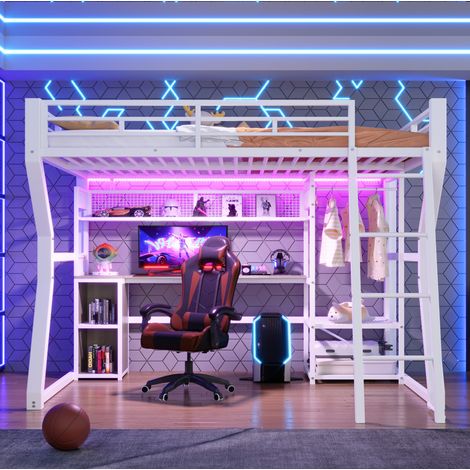 Hochbett modern 140x200 cm aus Metall und MDF in Weiß mit Schreibtisch, LED-Lichtleiste, Steckdose und Kleiderbereich