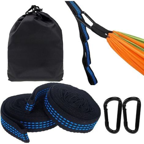 Lot de 2 sangles de hamac avec mousquetons, 5 + 1 anneau réglable pour camping, extérieur, suspension orange (bleu) (1/5)