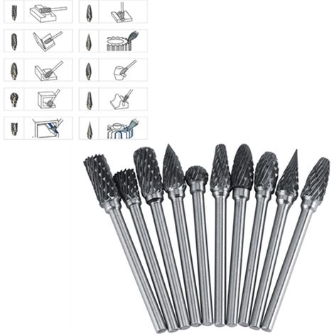 Jeu de 10 fraises rotatives en acier au carbure de tungstène, queue de 3 mm, diamètre de coupe de 6 mm, double coupe (1/5)