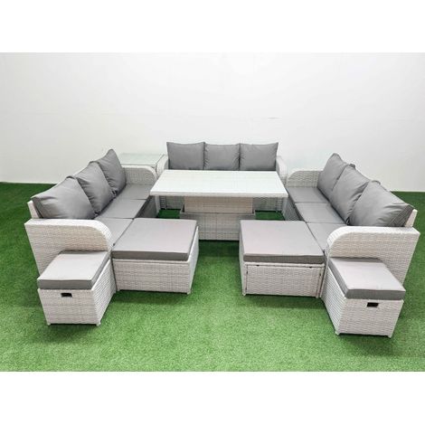 Fimous 8 Pieces Garden Rising Dining Table High Back Inclining Sofa Set 2 Big Footstool 2 Small Stool 1 Side Table Light Grey (1/5)