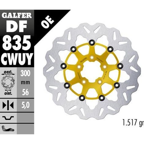 Disco freno anteriore Galfer per Harley-Davidson (300x56x5) flottante, colore oro.