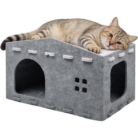 Niche Intérieur Maison pour Chat Intérieur en Feutre - Cabane Chats Rectangulaire, Grotte Chat avec Jeu Tunnel, 2 Étages pour Repos, Grand Espace, Pliable (1/5)