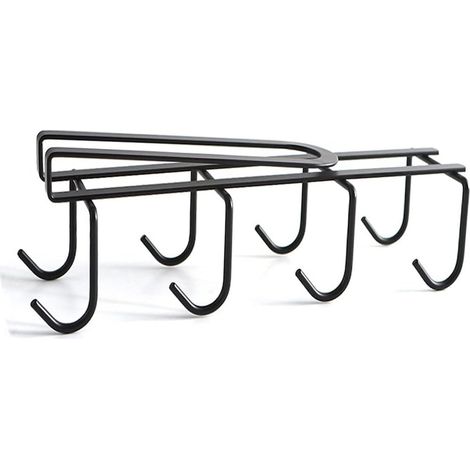 Portavasos de hierro con 8 ganchos, para colgar debajo de un mueble, sin taladrar, para tazas de té o café, compatible con estantes de 2,5 cm de grosor (negro).