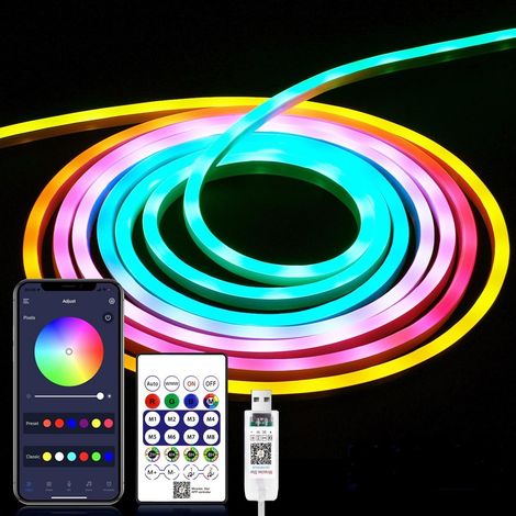 Bande LED néon USB 5V de 3 mètres, bande LED néon RG, avec Bluetooth et télécommande, pour un éclairage décoratif néon de chambre