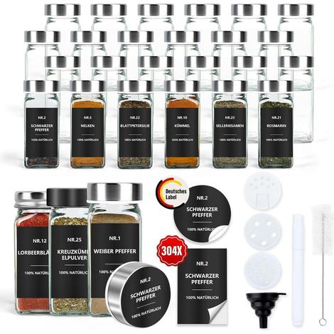 24er Set Gewürzgläser Eckig 120ml Etiketten Streueinsatz - Wasserfeste Labels (1/5)