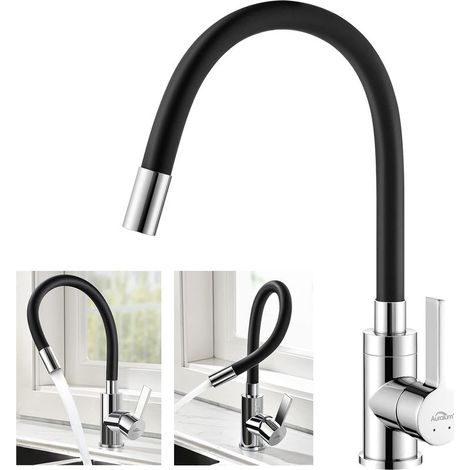 Robinet de Cuisine Flexible Bec Haut Orientable Librement Mitigeur Évier Flexible Laiton Chromé et Noir Robinet Evier Monotrou à Eau Chaude et Froide (1/5)