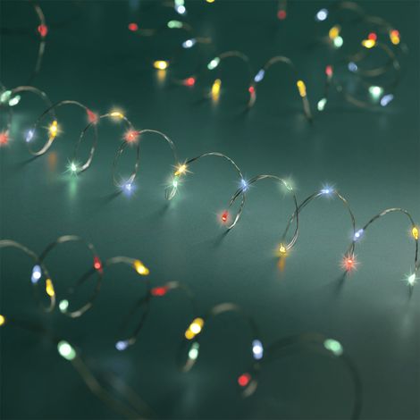LED Draht Lichterkette 5 m - 100 LED / bunt - Deko Beleuchtung für Außen mit 8 Funktionen - Batterie betrieben auf Silberdraht