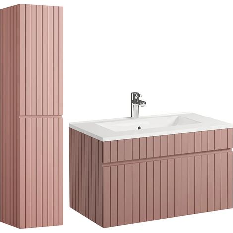Meuble de salle de bain suspendu strié rose avec vasque à encastrer et colonne - 80 cm - SATARA (1/5)