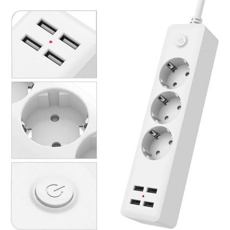 Multiprise USB standard européenne avec 3 prises, multiprise avec 4 ports USB, multiprise avec interrupteur, cordon d'alimentation de 1,5 M, convient pour la maison, le bureau, l'installation murale (1/3)