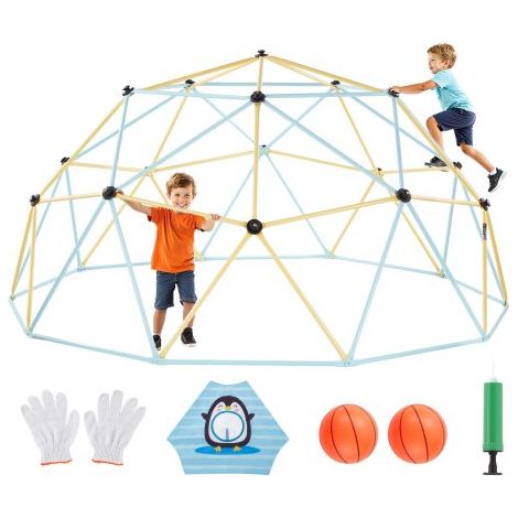 Dôme d'Escalade Géométrique 305 cm, Cage à Grimper avec Filet et 2 Ballons de Basket, Cage à Écureuil Solide Charge de 453 kg, Aire de Jeux d'Extérieur pour Arrière-cour, Bleu et Jaune (1/3)