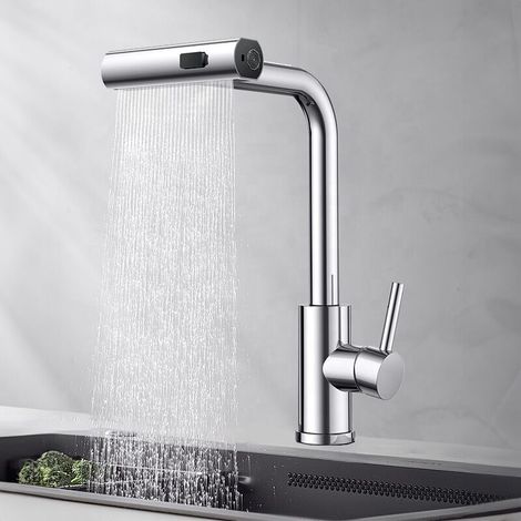 Rubinetto da cucina estraibile in acciaio inox – Getto a cascata caldo/freddo, flessibile e girevole a 360°, alta resistenza
