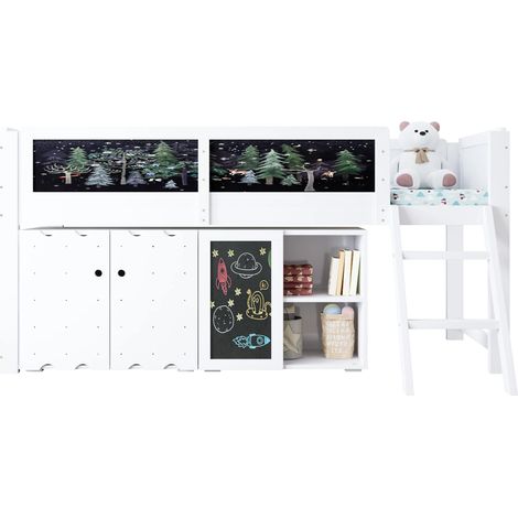 Lit Enfant mi hauteur 90x200cm en bois de pin massif, Lit simple Avec Placard et Tableau de Dessin,Blanc (1/5)