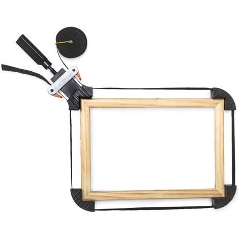 Black frame press measuring 3 x 10 x 28 cm, with clamping jaws and 2 m strap. (1/5)
