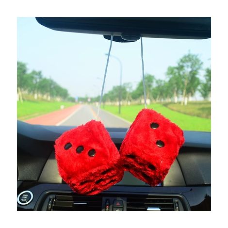 Paire de dés carrés rétro à suspendre en peluche duveteuse avec points, pour la décoration intérieure de voiture (rouge)
