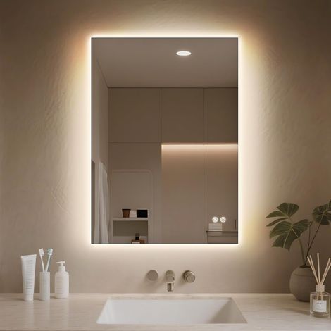 Miroir Salle de Bain avec Eclairage, Miroir LED Salle de Bain, Anti-buée, 3 Couleurs Lumière, Dimmable, Mémoire, Verre trempé HD, IP44, Horizontal/Vertical (Rectangulaire, 60 x 45 cm) (1/5)