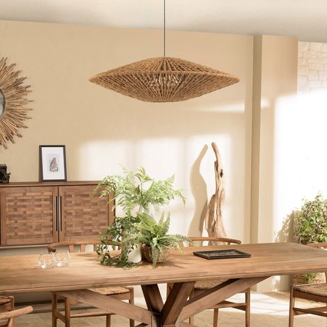 SIXTINE - Suspension 'cymbale' 100x100cm en bois teck recyclé / rotin (1/5)