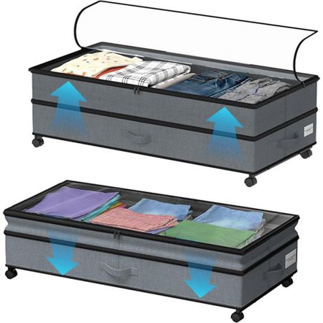 Set aus 2 Unterbett-Aufbewahrungsboxen mit Rollen, 360°-Drehung, 70 l Fassungsvermögen, mit transparenten Deckeln, große faltbare Unterbett-Aufbewahrungstasche für Kleidung und Decken (1/5)