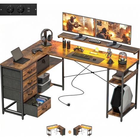 Escritorio gaming en forma de L con toma de corriente, iluminación LED, 4 cajones, soporte para monitor, 155 x 110 x 91,4 cm, marrón. (1/5)