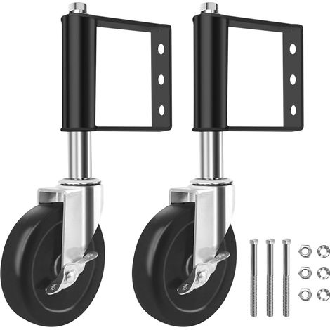 Lot de 2 roulettes pivotantes pour portail, roues lourdes à ressort avec frein, galets en caoutchouc pour portes de jardin et clôtures (1/5)