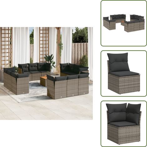 The Living Store 13-tlg. Garten-Sofagarnitur mit Kissen Grau Poly Rattan - Gartenmöbel Set - PE-Rattan Möbel - Outdoor Sofa - Esstisch - Lounge Set