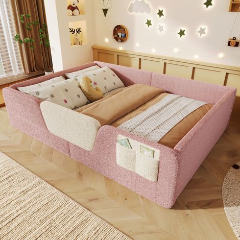 MODFU – Cama infantil 140x190 cm con barandillas extraíbles, bolsillo de almacenamiento y tapizado de terciopelo, carga 220 kg – Rosa (1/5)