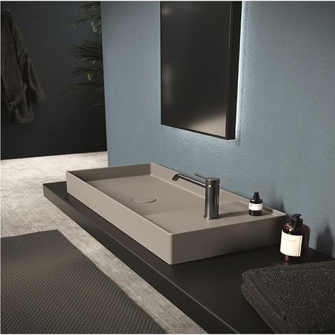 Lavabo, vasque à poser Hide Rectangle 85x37cm   Bleu mat Sans Bonde Siphon Noir mat