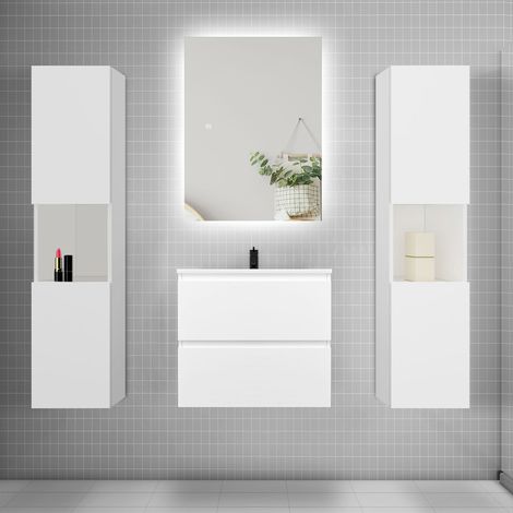 Ensemble meuble blanc et vasque L.60cm 2 tiroirs + colonne2 haut + lavabo + miroir 80x60cm-suspendu