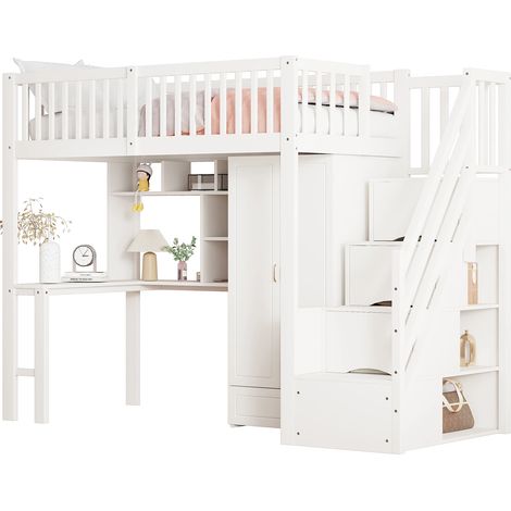 Lit Mezzanine 90 x 200 cm,En Bois Massif,Avec placard + Bureau,Rangement Intégré,Facile à Assembler,Blanc