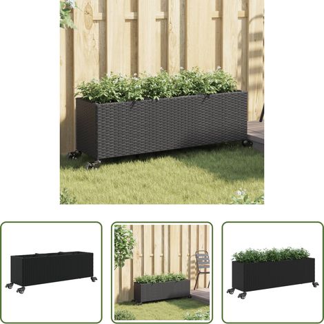 Pflanzkübel -  Hochbeet mit Rollen & 3 Fächern Schwarz 107x32x38cm Poly Rattan (1/5)