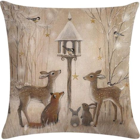 1 Housse de coussin, motif Noël, cerf et bonhomme de neige, coton et lin, 45x45 cm, pour canapé, voiture, maison (1/4)