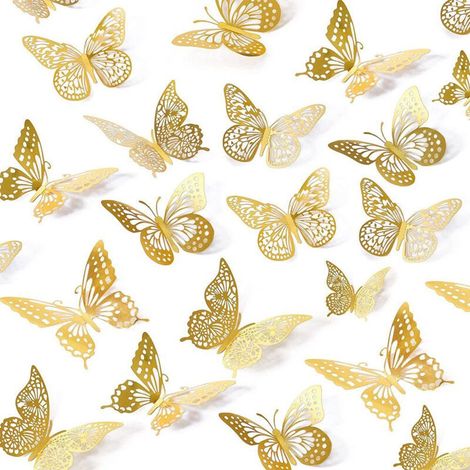 48 Stickers Papillon 3D Doré Autocollants Muraux Amovibles Décoration Intérieure Enfant Fête Mariage Adhésif Fenêtre Miroir Meuble DIY (1/4)