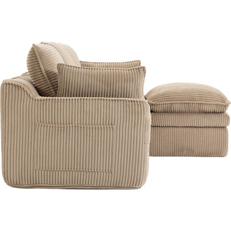 Divano modulare 3 posti in velluto a coste con pouf, cuscini e tasche laterali, khaki (1/5)