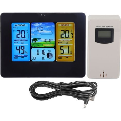 Drahtlose digitale LCD-Wetterstation mit Uhr, Thermometer, Innen- und Außenluftfeuchtigkeitsanzeige (schwarz) (1/3)